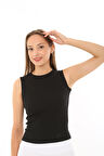 Kadın Sıfır Kol Fitilli T-Shirt Bluz Body Atlet Siyah