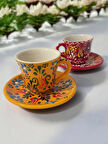 Dekoratif 2 Kişilik Şık Lale Çini Tasarımlı Tamamen El Yapımı Kahve Fincan Seti