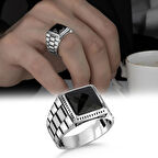 Faset Kesim Siyah Zirkon Taşlı 925 Ayar Gümüş Erkek Yüzük