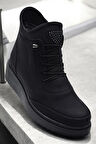 211 Zümrüt  Ortopedik Taban Lastik Bağcıklı Fermuarlı İçi Kürklü Siyah Kadın Bot Ayakkabı