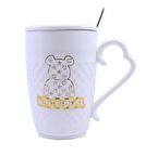 Porselen Kapaklı Ayıcık Desenli Porselen Kupa Bardak Beyaz