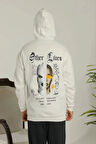 Erkek Sırt Baskılı Oversize Üç İplik Kapüşonlu Sweatshirt - Beyaz