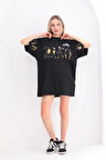 Unisex Bisiklet Yaka Baskılı Oversize T-Shirt - Siyah