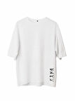 Unisex Bisiklet Yaka Baskılı Oversize T-Shirt - Beyaz