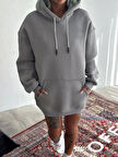 Kapüşonlu Üç İplik Penye Basic SweatShirt - Boyalı Gri