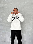 Unisex Üç İplik Kapüşonlu Baskılı SweatShirt - Beyaz