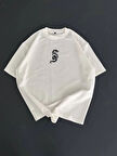 Baskılı Oversize Bisiklet Yaka T-shirt - Beyaz