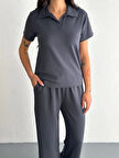 Osy Modal Yumuşak Dokulu Kumaş Kısa Kollu Yakalı T-shirt Pantalon ikili Takım- Antrasit