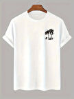 20/1 Penye Compack Palmiye Baskılı Oversize Bisiklet Yaka Kısa Kol T-shirt - Beyaz