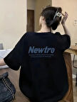 Newtro Baskılı Oversize Bisiklet Yaka T-shirt - Siyah