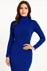 Kadın Boğazlı Uzun Fitilli Triko Dokuma Elbise - Saks Mavisi