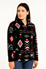 Kadın Yarım Fermuarlı Desenli Polar Sweat Tribal Etnik Desen Yakalı, Uzun Kollu, Oversize Rahat Kalıp - Siyah