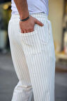 Erkek Cizgili Dokuma Krep Jogger Buggy Pantalon Rahat kalıp - Beyaz