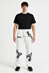 Erkek Üç İplik Pamuklu Baskılı Cepli Jogger Buggy Pantalon Oversize Kalıp - Beyaz