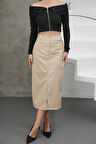 Yırtmaçlı uzun deri etek bej