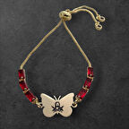 Kırmızı Taşlı Kelebek Figürlü ve 14 Ayar Altın Plakalı Cesaretin Simgesi Hz Ali Bilekliği