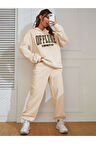 Kadın Bej Offlıne Baskılı Oversize Kapüşonlu Takım