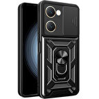 Vivo Y18 Kılıf Pars Lens Yüzüklü Silikon Magnetik Standlı Kamera Korumalı Kapak