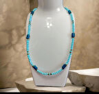 El Yapımı, Ultra Hafif, Şık, Yeni Nesil. Turkuaz Boncuk Kolye, Mavi Cam Detaylı, El Yapımı Takı