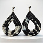 El Yapımı Polimer Kil, Siyah Beyaz Mermer Desenli Damla Şekilli Küpe, Gümüş Renkli Metal Detaylı