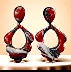 Polimer Kil Mercan Kırmızı Mermer Desenli Damla Küpe, El Yapımı epoksili Takı, Siyah Beyaz Desenli