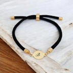 Asil 14 Ayar Altın Plakalı ve Yuvarlak Figürlü Siyah Örgülü B Harfi Bilekliği