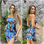 Kadın çiçek Deseni Yırtmaç Detay Fırsat ürün Mini Straplez Elbise