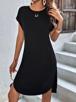 Kadın Kısa Kollu Bisiklet Yaka Viskon Iki Iplik Elbise