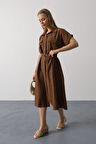 Kuşaklı Cep Detaylı Yarım Kol Elbise - Kahve