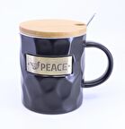 Bambu Kapaklı Porselen Kupa Bardak Siyah