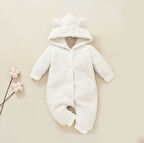 Kışlık Tatlı Kapşonlu Bebek Peluş Welsoft Tulum Beyaz | 6-9 AY