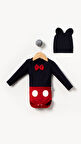 Mickey Görselli Şapkalı 2'li Bebek Badi-Siyah | 3-6 AY