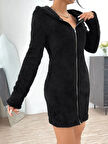 Livizmir Moda Kadın Uzun Kollu Kapşonlu önden Fermuarlı Cep Detaylı Kısa Peluş Elbise