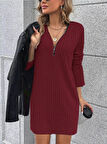 Livizmir Moda Kadın Uzun Kollu Yakadan Fermuarlı Kısa şardonlu Kaşkorse Elbise
