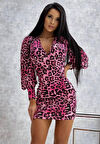 Livizmir Moda Kadın Uzun Kollu Leopar Desen Göğüs Dekolteli Mini Elbise