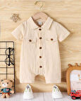 Unisex Bebek&Çocuk %100 Pamuklu Tahta Düğmeli Cepli Müslin Tulum-Ekru | 3-6 ay