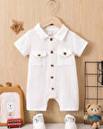 Unisex Bebek&Çocuk %100 Pamuklu Tahta Düğmeli Cepli Müslin Tulum-Beyaz | 6-9 ay