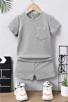 Waffle Görselli Cep Detaylı Pamuklu Yazlık Bebek Çocuk Şort Takım-Gri | 3 Yaş