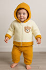 Ayı Nakışlı Kışlık Peluş Welsoft 2'li Kapüşonlu Takım-Hardal | 1 Yaş