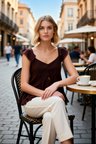 Kadın Bluz V Yaka Fırfırlı Kol Crop Tül Örme Düğmeli Fitted Düz Desenli Yazlık Tasarım Şık