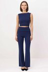 Kadın Büyük Beden Kolsuz Kayık Yaka Ribana Örme Crop Top Uzun Paça Takım Vücuda Oturan Günlük Rahat