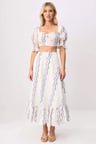 Kadın Çiçekli Desenli Brode Dokuma Crop Top Midi Etek Takımı Kalp Yaka Truvakar Kol Günlük Rahat