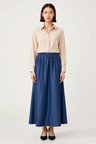 Kadın Maxi Denim Etek Dökümlü Tencel Kumaş Beli Lastikli Cepli Rahat Kesim Günlük Modern Şık Zarif