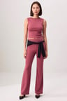 Kadın Büyük Beden Kolsuz Kayık Yaka Ribana Örme Crop Top Uzun Paça Takım Vücuda Oturan Günlük Rahat