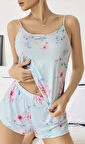 Kadın Bebek Mavisi Çiçek Desenli Askılı Şortlu Pijama Takım 5011