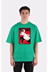 Yeşil %100 Pamuk Bisiklet Yaka Oversize T-shirt Zoro Samurai Wano Kuni Arc