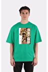 Yeşil %100 Pamuk Bisiklet Yaka Oversize T-shirt Zoro Samurai Wano Kuni Arc
