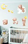 Bizerk Görsel Sevimli Ayı Bulut Ay ve Yıldız Çocuk/Bebek Odası Kreş Anaokulu Duvar Sticker