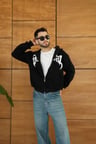 Erkek Kapüşonlu Sweatshirt  Hoodie 3 İplik Şardonlu Pamuklu Kumaş, Önü Baskılı, Fermuarlı Rahat Kalıp, Kışlık Ve Sokak Stili Sweat - Siyah