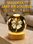 Bitki Temalı Led Işıklı Cam Küre Ahşap Standlı Modern Gece Lambası